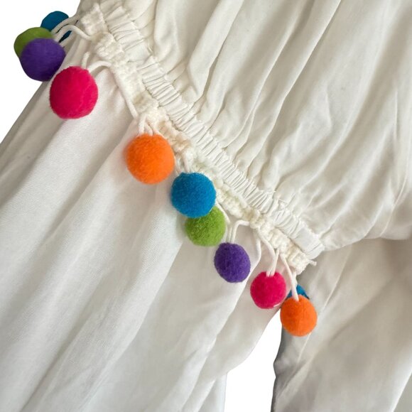 Stellah Anthropologie Off-Shoulder Pom Pom Beaded Embroidered Mini Dress Small - Picture 4 of 10